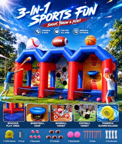 3-in-1 Inflatable Carnival Games with 3 Toss Games, Multi Inflatable Sports Games Combo for Group Team Challenge, Giant Backyard Basketball Football Baseball Throwing Target with 750W Blower