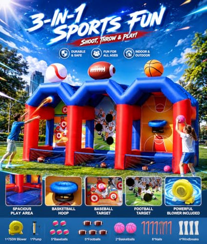 3-in-1 Inflatable Carnival Games with 3 Toss Games, Multi Inflatable Sports Games Combo for Group Team Challenge, Giant Backyard Basketball Football Baseball Throwing Target with 750W Blower