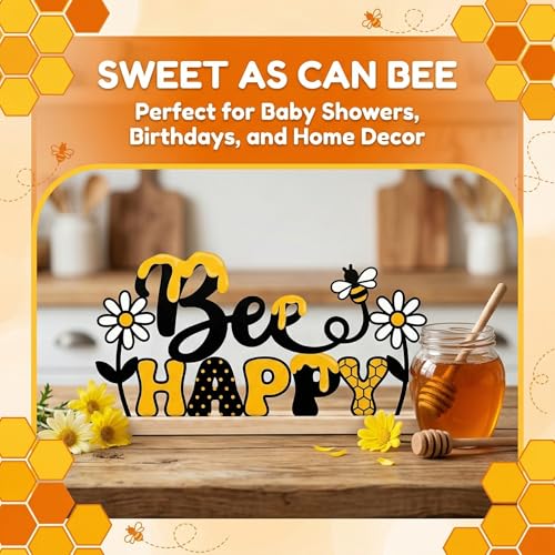Bee Happy Spring Table Decorations Cute Bumble Bee Metal Table Sign with Wooden Base Spring Summer Farmhouse Tiered Tray Decor Yellow Daisy Tabletop Centerpieces for Home Mantel Shelf Desk - style: Bee Happy