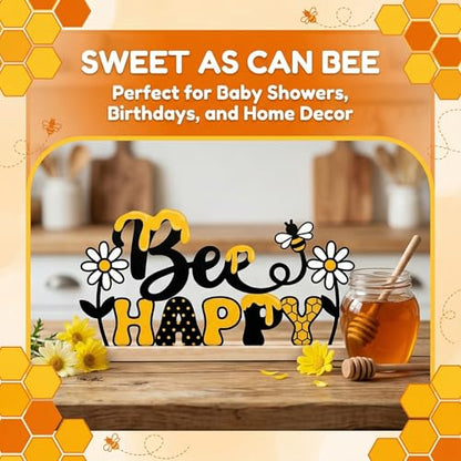 Bee Happy Spring Table Decorations Cute Bumble Bee Metal Table Sign with Wooden Base Spring Summer Farmhouse Tiered Tray Decor Yellow Daisy Tabletop Centerpieces for Home Mantel Shelf Desk - style: Bee Happy