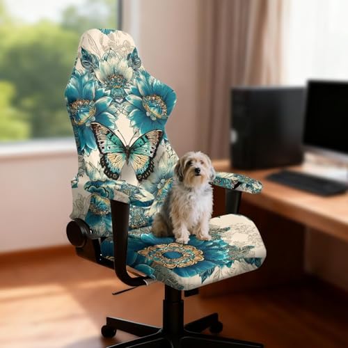 Suobstales Butterfly Flower Pattern Gaming Chair Covers with Armrest Covers Office Desk Chair Cover Computer Chair Cover Stretch Gamer Chair Slipcovers Cat Scratch Proof - color: Butterfly Flower