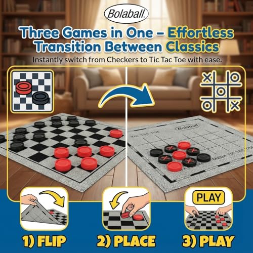 Bolaball 3-in-1 Jumbo Checkers & Tic Tac Toe Game Set with Carry Bag – Giant Outdoor Board Games, Family Games, Reversible 13" x 13" Board, 24 Easy-Grip Chips - style: Large Checker