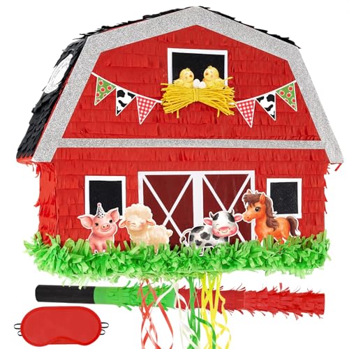 WERNNSAI Red Farm Animal Piñata - Farm Baby Shower Decorations Animal Piñata Party Game for Kids Birthday Celebrations Milk Farm Party Favor Supply with Bat Blindfold - style: Farm Animal