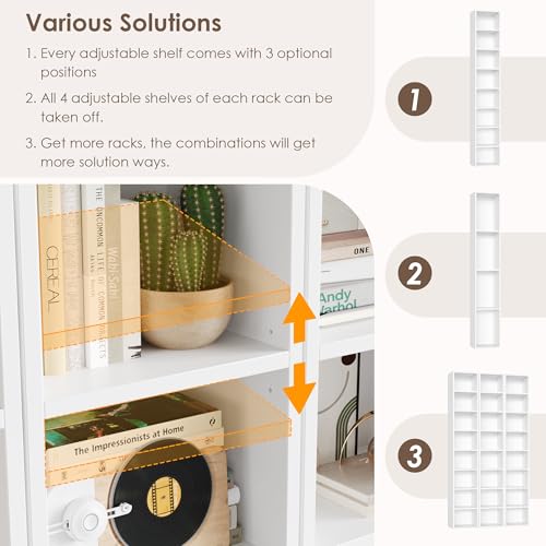FOTOSOK White Bookshelf 8-Tier Narrow Bookshelf, 11.6 X 9.3 X 70.9 Tall CD DVD Media Tower Rack with 4 Adjustable Shelves, Tall Narrow Bookcase Slim Display Bookshelf with Cube Storage for Home Office - color: White