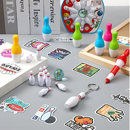 Deekin Bowling Party Favors 12 Pcs Pin Keychain 12 Pcs Ballpoint Pen Mini Bowling Set 50 Pcs Stickers for Goodie Bag Fillers and Small Prizes