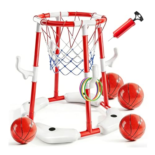 Pool Basketball Hoop,Floating Basketball Hoop,2-In-1 Floating Pool Toys Ring Game With 4 Balls And Pump, Outdoor Summer Water Toy,Chritmas Birthday Gift For 3 4 5 6 7 8 9 10Year Old Boy Girl (Red) - color: Red