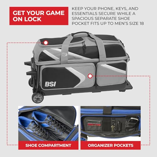 BSI Dash Roller Bowling Bag with Smooth Rolling Wheels, Padded Ball Compartment, Retractable Locking Handle, & Shoe Pocket - color: Black/Gray/White, style: Triple