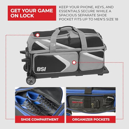 BSI Dash Roller Bowling Bag with Smooth Rolling Wheels, Padded Ball Compartment, Retractable Locking Handle, & Shoe Pocket - color: Black/Gray/White, style: Triple