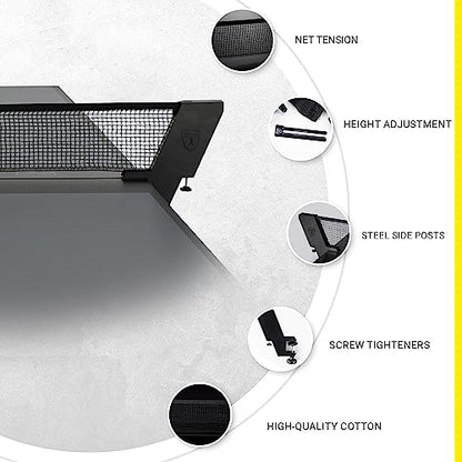 Killerspin Premium SVR Table Tennis Net and Post Set - Portable and Easy Setup 65" Size Ping Pong Screw On Clamp Net, Cotton, Black/Black