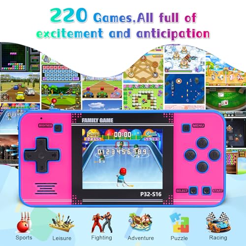 Handheld Game for Kids ，Built-in 220 32-bit Video Games, 3.0” IPS Screen, Rechargeable Portable Game , Travel Mini Arcade Electronic Toys Gift for Boys and Girls(Blue+Pink) - color: Blue+pink