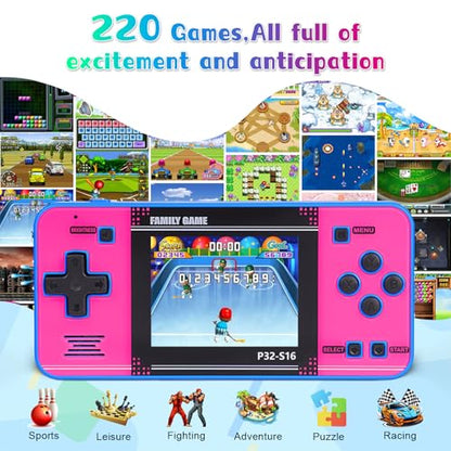 Handheld Game for Kids ，Built-in 220 32-bit Video Games, 3.0” IPS Screen, Rechargeable Portable Game , Travel Mini Arcade Electronic Toys Gift for Boys and Girls(Blue+Pink) - color: Blue+pink