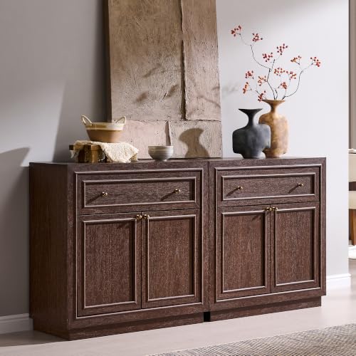 ACCOHOHO Modern Farmhouse Buffet Cabinet, 63" Sideboard Credenza, Modular Storage Cabinet with Framed Panel Fronts, 4 Doors, 2 Drawers, Adjustable Shelves & Dual Base Design, Natural Walnut - color: Natural Walnut, size: 2 Piece