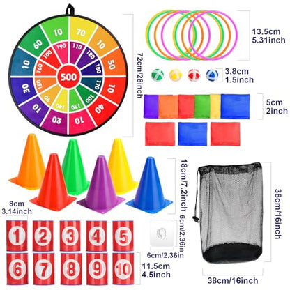 Hungdao 3 Sets Carnival Games Combo Set, Dart Board with Balls Plastic Cones Ring Bean Bags Toss Game for Boys Girls Adults Family Birthday Yard Indoor Outdoor - style: Classic Style