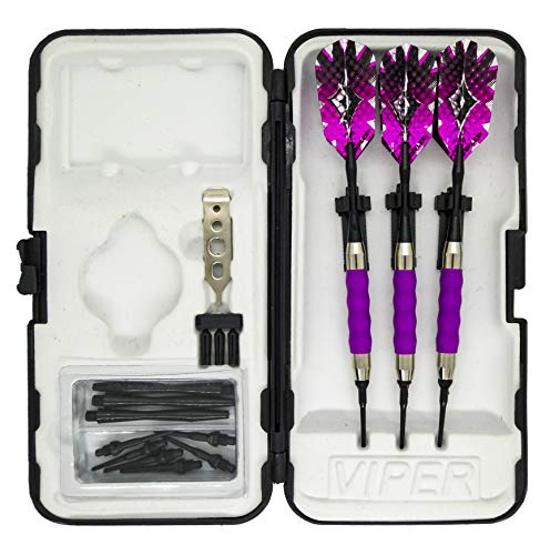 sure grip Viper Purple Soft Tip Darts with Dart Case & Accessories Choice of Flights 16 or 18 Grams Plus I Love Darts Bracelet (Dimplex Metallic, 16)