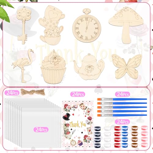Saypacck 24 Pcs Wonderland Party Favors Wooden Painting Craft Kits Birthday Party Supplies with Organza Bag for Goodie Bags Fillers Adult Thank You Gifts - style: Wonderland