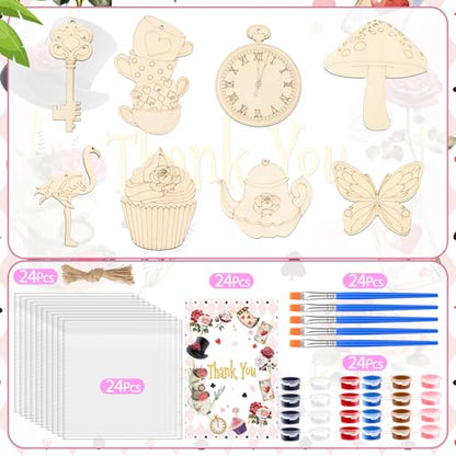 Saypacck 24 Pcs Wonderland Party Favors Wooden Painting Craft Kits Birthday Party Supplies with Organza Bag for Goodie Bags Fillers Adult Thank You Gifts - style: Wonderland