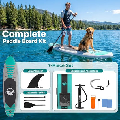 SereneLife 10’6" Inflatable Stand Up Paddle Board with Premium SUP Accessories - Wide Stable Design with Non-Slip EVA Deck Pad, for Youth and Adults, 350 lbs. Capacity - color: Turquoise