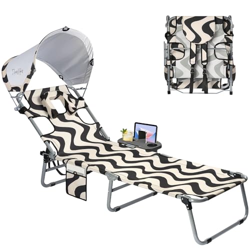 Tanning Chair with Face Hole for Adults, Outdoor Folding Lounge Chair with Canopy and Side Table for Phone Drink Tablet, 4 Position Adjustable Backrest, Lay Flat Chaise Lounger for Beach Patio Pool - color: Black & White-with Canopy