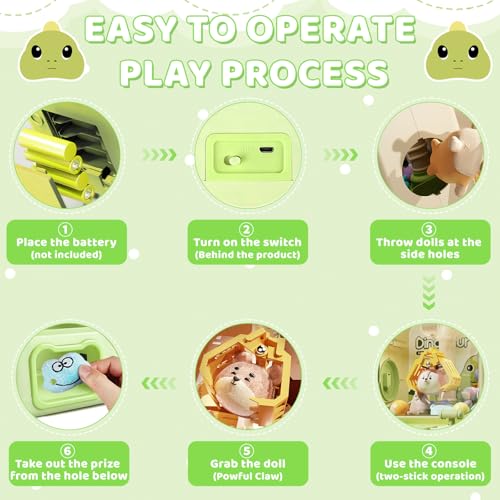 Dinosaur Claw Machine - Mini Vending Machine with Lights and Music, Candy Machine Dispenser for Kid Ages 3+, Electronic Kids Claw Machine Game for Birthday Party Includes 10 Plush Toys - color: Green