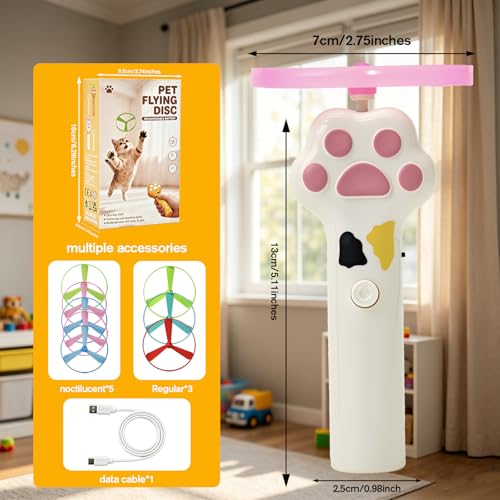 Cat Fetch Toy Launcher with 8 Flying Discs, Rechargeable Interactive Cat Toy for Indoor Cats, Flying Disc Launcher for Hunting Training Exercise, Cat Chase Toy for Active Play and Enrichment (White)