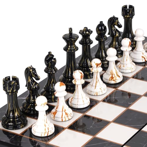 15" Large Chess Set for Adults with Weighted Acrylic Chess Pieces 3.5" King & Portable Folding Marbling Wooden Chess Board Travel Chess Sets Family Board Game Gift – Elegant Classic Chess Game