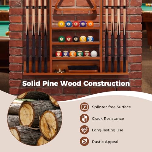 Goplus Pool Cue Rack, Wall Mounted Billiard Stick Holder, Made of Solid Pine Wood, Holds 8 Cues & Full Ball Set & 1 Ball Rack, Compact Billiards Accessories for Club, Bar (Brown)