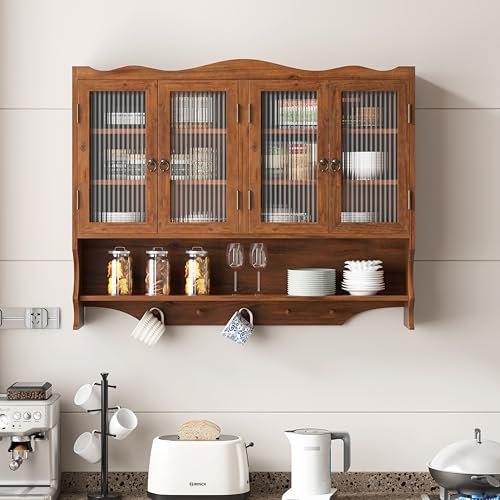 Retro Style Haze Three Glass Door Wood Wall Cabinet with Detachable Shelves for Office, Dining Room,Living Room, Kitchen and Bathroom - color: Brown(4)