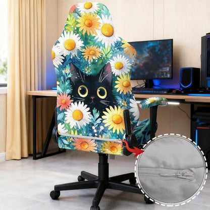 Suobstales Cat Daisy Flower Pattern Gaming Chair Cover, Removable Office Chair Cover with Zipper, Stretch Anti-dust Universal Washable High Back Computer Seat Protector for Pets - color: Cat Daisy Flower