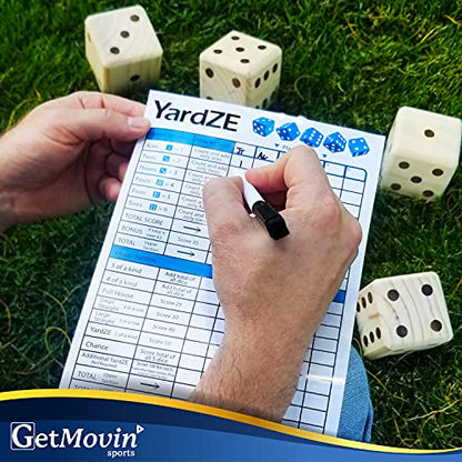GETMOVIN SPORTS Giant Wooden Playing Dice Set with Roll Bucket and Scorecard, Outdoor Lawn Yard Game - Includes 6 Dice, Dry Erase Scorecard W/Marker, Roll Bucket, Carrying Bag (3.5" Dice)