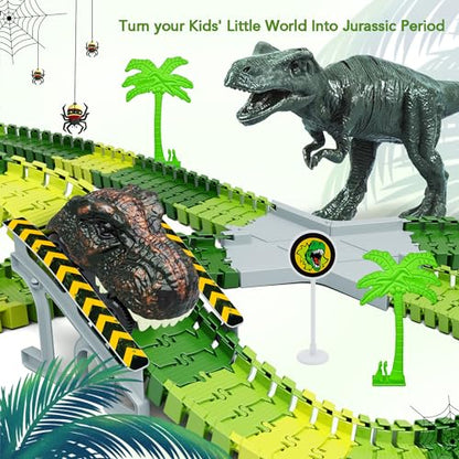 Dinosaur Toys,Create A Dinosaur World Road Race,Flexible Track Playset and 2 pcs Cool Dinosaur car for 3 4 5 6 Year & Up Old boy Girls Best Gift - color: Green