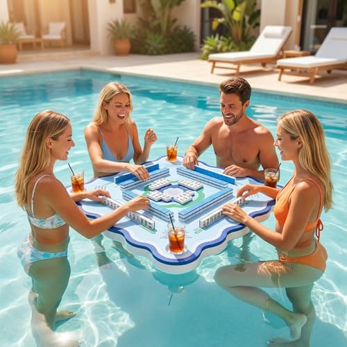 Floating Mahjong Table for Pool Game, Double Sided 31.5 inch Mahjong Mat & Board with Storage Bag, Versatile Adult Poker Domino Game, Aqua Water Float for Swimming Pool and Poolside