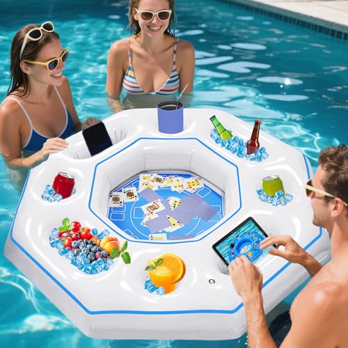 Octagonal Inflatable Game Table with Waterproof Playing Cards, Inflatable Pool Bar Games for Adults, Floating Portable Bar Table Tray for Hot Tub or Pool Beach Party - color: White