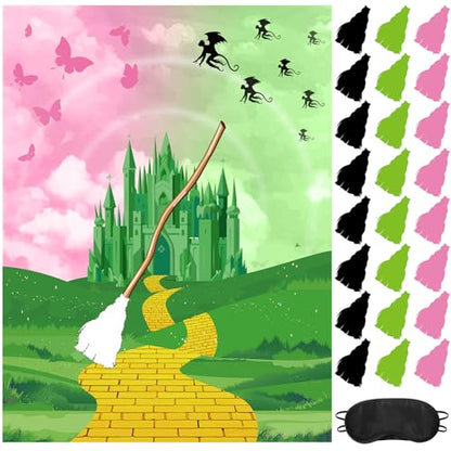 Faccito Witch Party Decorations Pin The Broom Pink and Green Games with Large Poster 24 Stickers and Blindfold Games Set for Halloween Witch Party Decorations Pink and Green Activities Supplies - style: Witch