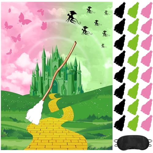 Faccito Witch Party Decorations Pin The Broom Pink and Green Games with Large Poster 24 Stickers and Blindfold Games Set for Halloween Witch Party Decorations Pink and Green Activities Supplies - style: Witch