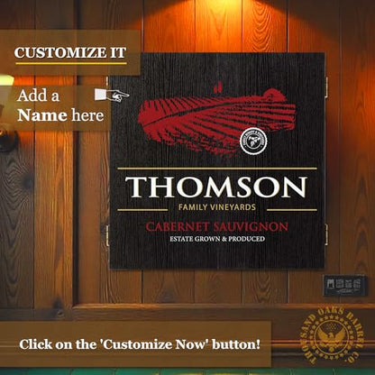 Personalized Dart Board Cabinet Set with 6 Steel Tip Darts, Paper Dartboard, Chalk & Eraser (21.5 x 21.5 x 2.75) - Man Cave Dart Boards for Adults - style: Family Estate Vineyards