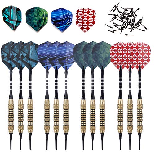 Professional Soft Tip Darts 12 PC Set | 12 Brass Barrels | 50 Extra Black 2BA Tips| 12 Aluminum Shafts | 16 Flights Standard Shape | Multi Tool | Carry Bottle - color: Gold Barrel-18g