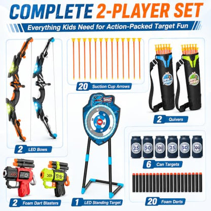VROGTIK 2 Pack Kids LED Bow and Arrow Set with Standing Target, 20 Suction Cup Arrows, 2 Quivers & Foam Dart Toys, Indoor Outdoor Archery Toy Gift for Boys Girls Ages 3-12 - color: Blue/Green