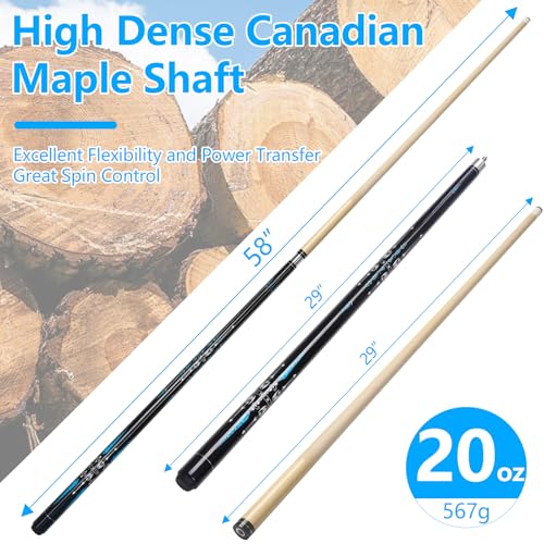 Pool Cue, 58" Billiard Cue Stick 2-Piece Maple Wood Pool Cue Stick 18 19 20 21oz for Bar House Pool Table Sports - color: Blue 20oz