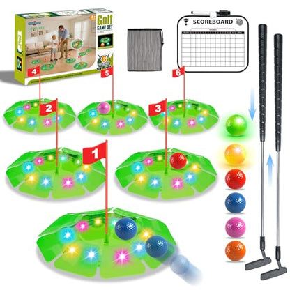 TERRAMUS Light Up Golf Play Set - Upgraded Kids Toy Golf Putting Game Set with 6 LED Targets, 2 Clubs, 6 Balls (2 Glow), Night Golf Toys Gifts for Kids Golfers Family Indoor Outdoor Beach Lawn Park - color: Green