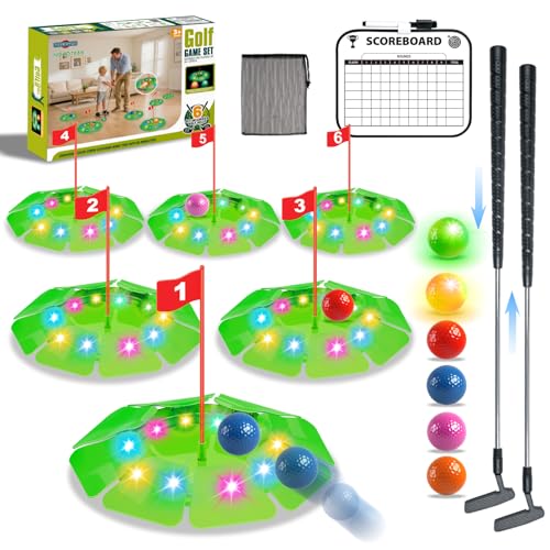 TERRAMUS Light Up Golf Play Set - Upgraded Kids Toy Golf Putting Game Set with 6 LED Targets, 2 Clubs, 6 Balls (2 Glow), Night Golf Toys Gifts for Kids Golfers Family Indoor Outdoor Beach Lawn Park - color: Green