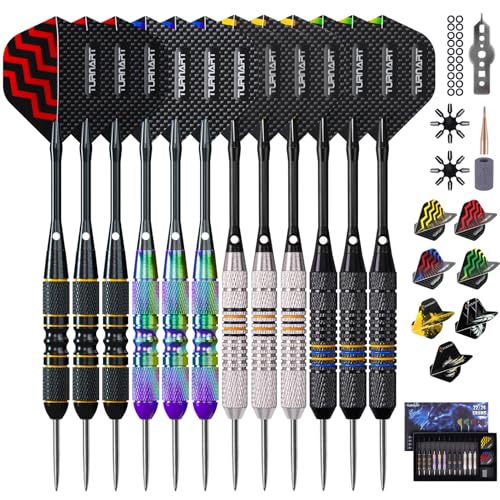 Turnart Darts Metal Tip Set - Steel Tip Darts Darts Set Professional Metal Darts 12 pcs 22/24 Grams Pro Dart Set with Stylish Case Aluminum Shafts Extra 9 Flights - color: Purple / Black