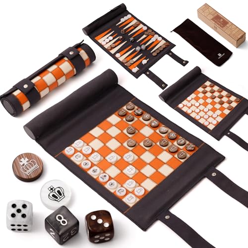 Woodronic 3 in 1 Travel Chess Checkers Backgammon Set, Roll-up Leather Backgammon Game Set with 32 Pearl Textured Pieces and 5 Dices, Portable Travel Strategy Board Game Set for Adult, Navy Blue - color: Navy Blue