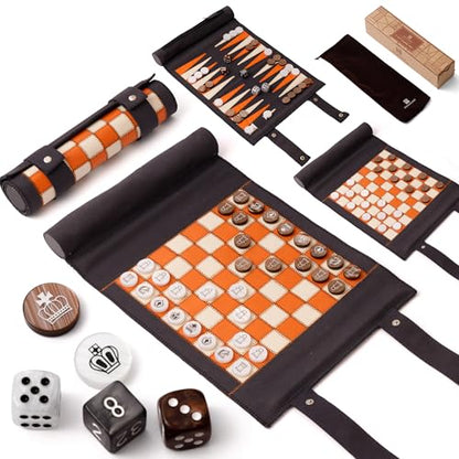 Woodronic 3 in 1 Travel Chess Checkers Backgammon Set, Roll-up Leather Backgammon Game Set with 32 Pearl Textured Pieces and 5 Dices, Portable Travel Strategy Board Game Set for Adult, Navy Blue - color: Navy Blue