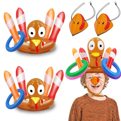 2 Pack Thanksgiving Ring Toss Games Toys for Kids Thanksgiving Inflatable Turkey Hats Toss Games Thanksgiving Family School Party Favors Decor Indoor Outdoor Party Game(2 Turkey Hats, 8 Rings)