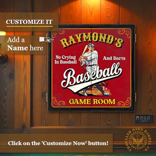 Personalized Dart Board Cabinet Set with 6 Steel Tip Darts, Paper Dartboard, Chalk & Eraser (21.5 x 21.5 x 2.75) - Man Cave Dart Boards for Adults - style: Baseball