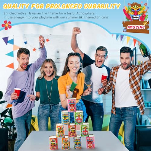 Jingmore Luau Party Games Tiki Can Toss Game Bean Bag Toss with 10 Tin Cans and 3 Bean Bag for Summer Luau Family Birthday Tropical Hawaii Aloha Indoors Outdoors Activities Party Supplies - style: Luau