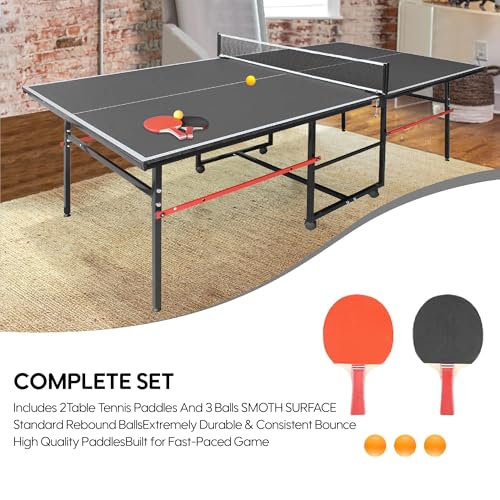 8X4FT Ping Pong Table for Indoor/Outdoor, Foldable Mid-Size Table Tennis Table with Net, 2 Table Tennis Paddles and 3 Balls - Easy Assembly - Tournament Quality - Perfect for Family Game Rooms