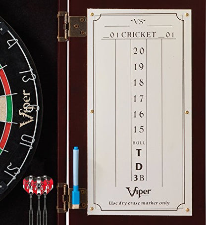 Viper Hudson All-in-One Dart Center: Classic Solid Wood Cabinet & Official Sisal/Bristle Dartboard Bundle with Steel-Tip Dart Set, Dry Erase Scoreboard & Out-Chart, Mahogany Finish - style: Deluxe