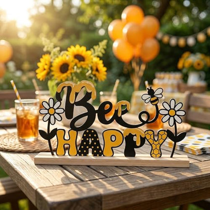 Bee Happy Spring Table Decorations Cute Bumble Bee Metal Table Sign with Wooden Base Spring Summer Farmhouse Tiered Tray Decor Yellow Daisy Tabletop Centerpieces for Home Mantel Shelf Desk - style: Bee Happy
