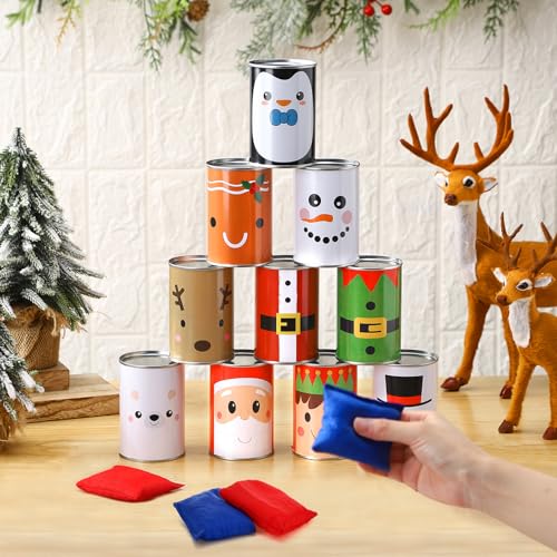 Libima Christmas Can Toss Game 10 Tin Can in 10 Xmas Funny Face 4 Bean Bags Throwing Carnival Games Family Lawn Games for Adult Birthday Family Party Indoor Outdoor Beach Yard Camping